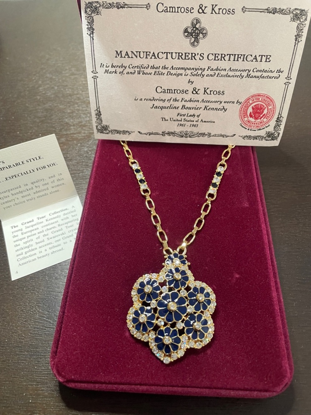 Gold Necklace with Blue Floral Pendant Replica of Jackie Kennedy’s